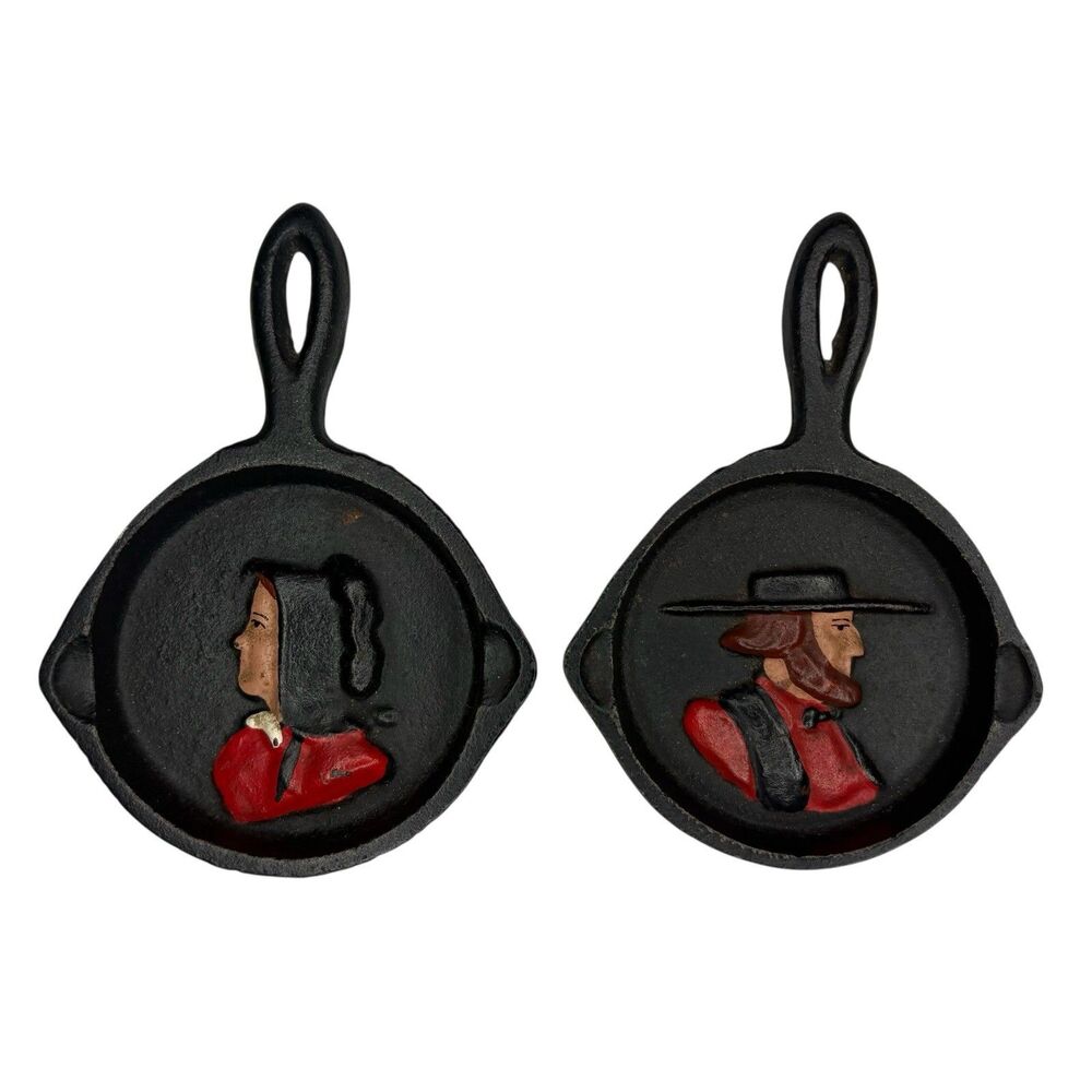 2 Vintage Cast Iron Mini Skillets Amish Man Woman - John Wright